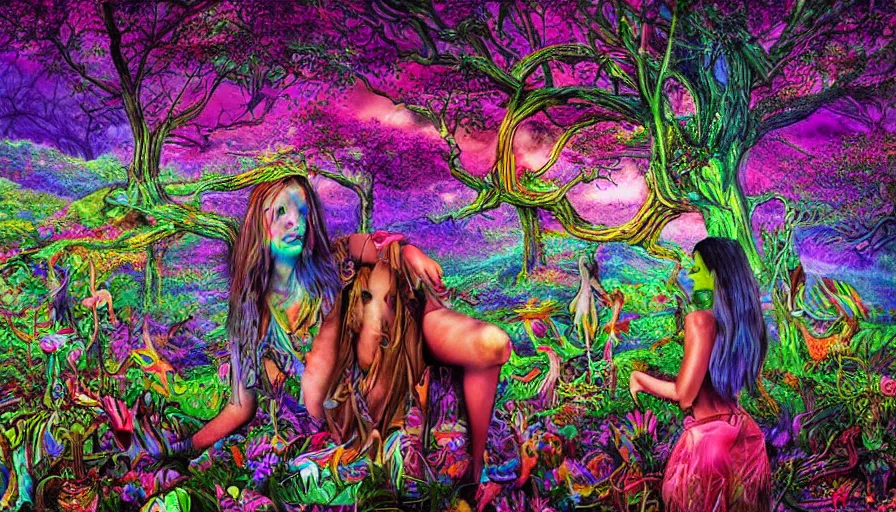 Prompt: landscape beautiful woman in psychodelic dmt lsd forest, photorealistic, artgerm, artwork by Arian, Mark