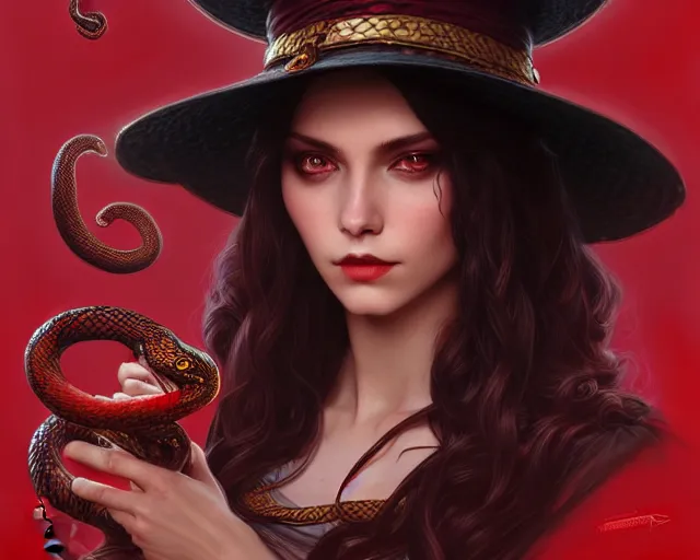 Image similar to red hat wizard woman with snakes in her dark hair, hydra, deep focus, d & d, fantasy, intricate, elegant, highly detailed, digital painting, artstation, concept art, matte, sharp focus, illustration, hearthstone, art by artgerm and greg rutkowski and alphonse mucha