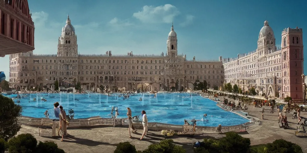 Image similar to a very high resolution image from a new movie, upside - down building and fountain, beautiful scenery, photorealistic, photography, directed by wes anderson