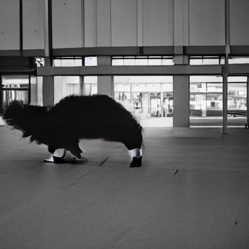 Image similar to a bipedal skunk in an empty parking structure at night, 28mm lens,