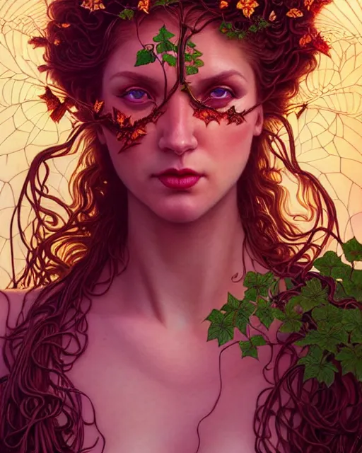 Image similar to closeup portrait the platonic ideal of flowers and vines, poison ivy, beautiful succubus, intricate, hyperrealism, intense, dmt, artgerm, moebius, glamour pose, arney freytag, greg rutkowski, maxfield parrish, dan mumford, moebius, alphonse mucha