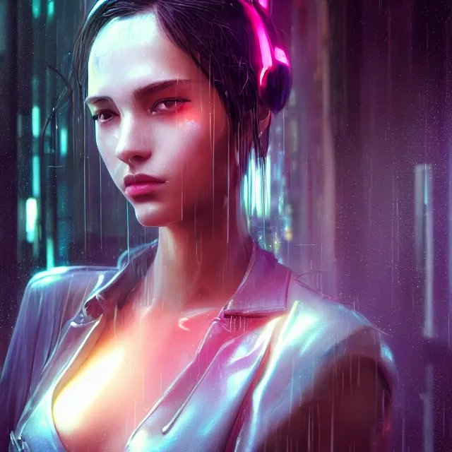 Prompt: portrait of beautiful raining cyberpunk girl, city, volumetric lighting, ray tracing, futuristic, sharp focus, vibrant, vivid, wet shiny skin, symmetry, highly detailed, 4 k digital painting, detailed skin, liquid, magical, raytracing, bubbles, artistic, concept art by artgerm, greg rutkowski, alphonse mucha, unreal engine render,