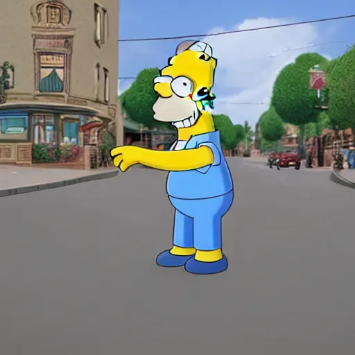 Image similar to photo of homer simpson as a human being on a street, not yellow, face shaped like homer simpson, photorealistic, 8 k, unreal engine