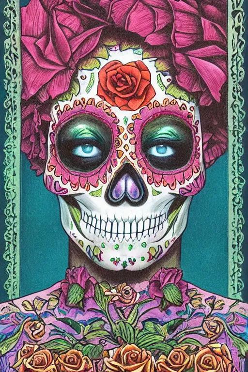 Image similar to Illustration of a sugar skull day of the dead girl, art by david a hardy