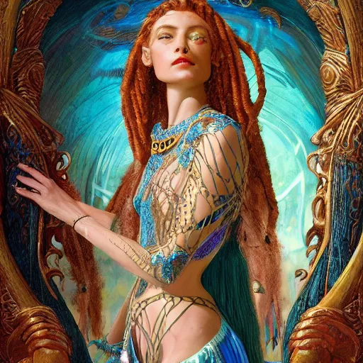 Prompt: artstation, intricate details, hyper details, by gaston bussiere, by sandro botticelli, censored, tan skin sumerian mystic lady of elche, egyptian sumerian features, techno mystic intergalactica electronic pop star, wear labradorite armor with aqua neon rapunzel dreadlocks,