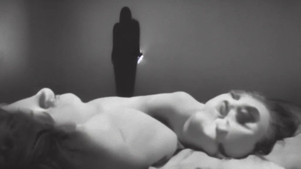 Prompt: movie still of girl having sleep paralysis a shadow watching, cinematic composition, cinematic light, criterion collection, by david lynch - n 9