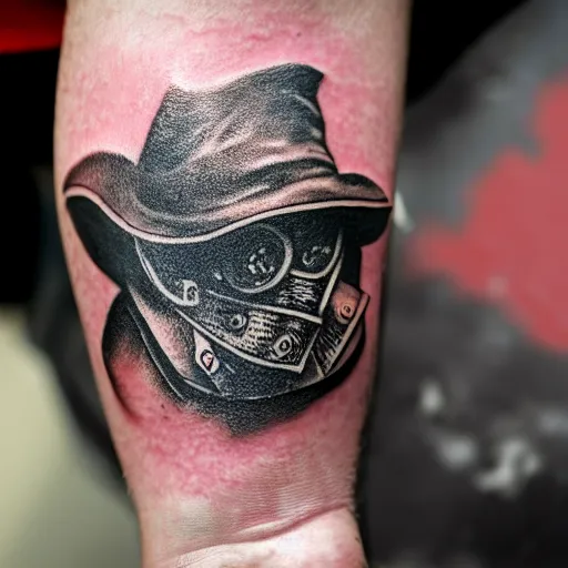 Image similar to photograph of a tatoo showing an etching of a plague doctor side shot looking at a very old pocket watch in the palm of his hand