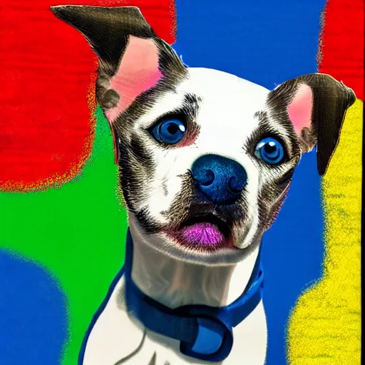 Image similar to blue 3 eyed puppy sitting on picnic blanket in the style of pop art