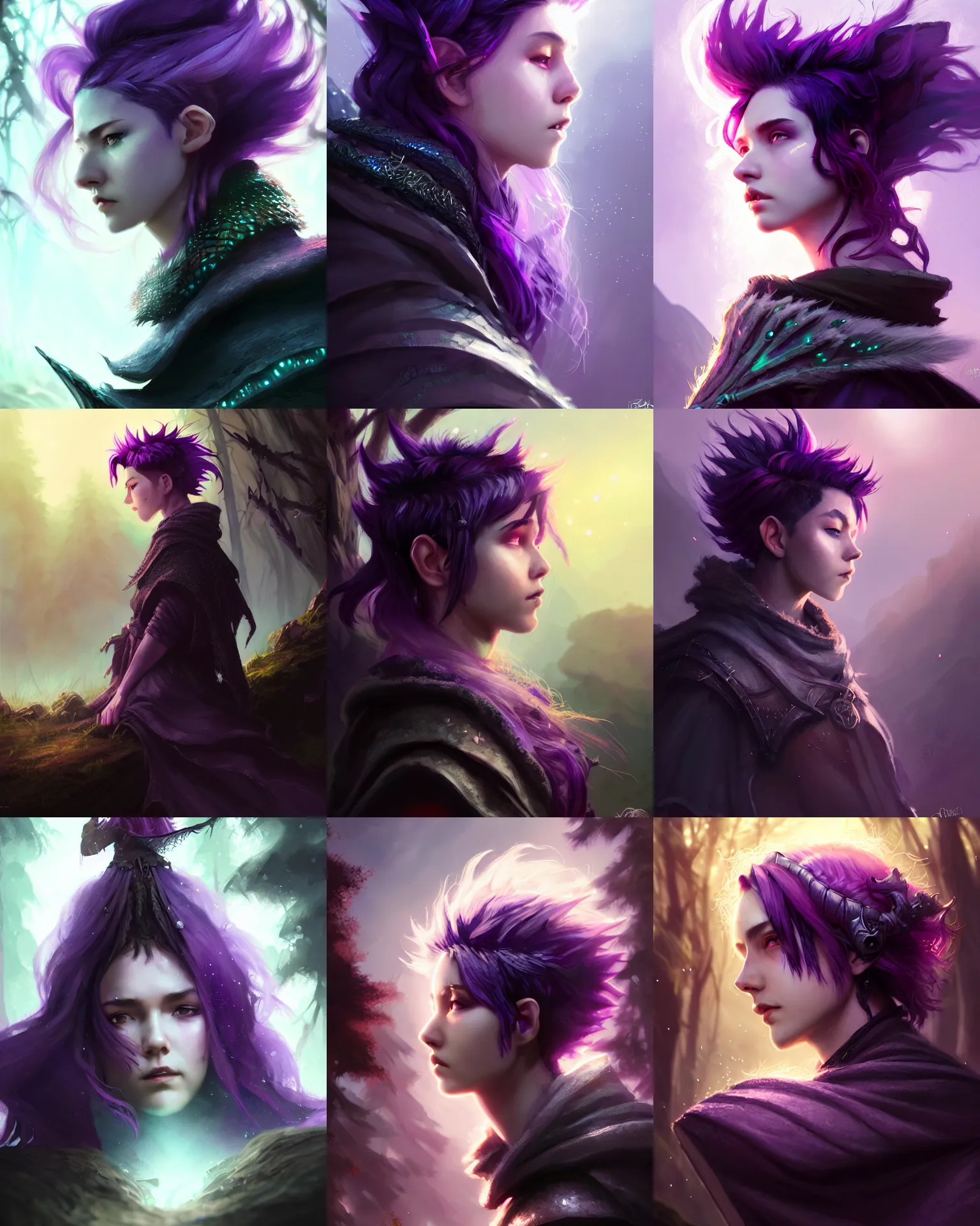 Prompt: cinematic side portrait rugged girl, adventurer outfit large cloak, fantasy forest landscape, dragon scales in hair, fantasy magic, undercut hairstyle, short purple black fade hair, dark light night, intricate, sharp focus, lens flare, bloom, rim light, illustration, highly detailed, digital painting, concept art, matte, art by ruan jia