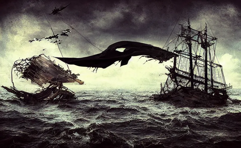 Image similar to “Pirate ship wreck falling from the sky, digital art, cinematic, award winning”