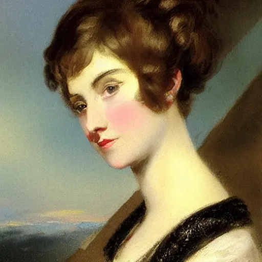 Prompt: Romanticism painting of a woman with short hair painted in 1825 by Sir Thomas Lawrence