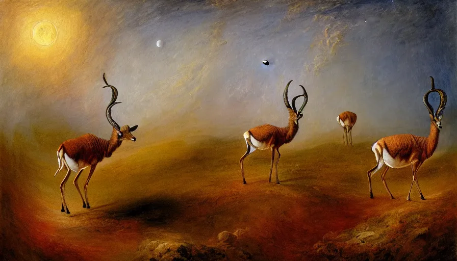 Image similar to highly detailed painting of antelopes in a small square flower garden on the dry grey cratered surface of the moon by william turner, thick brush strokes and visible paint layers, 4 k resolution