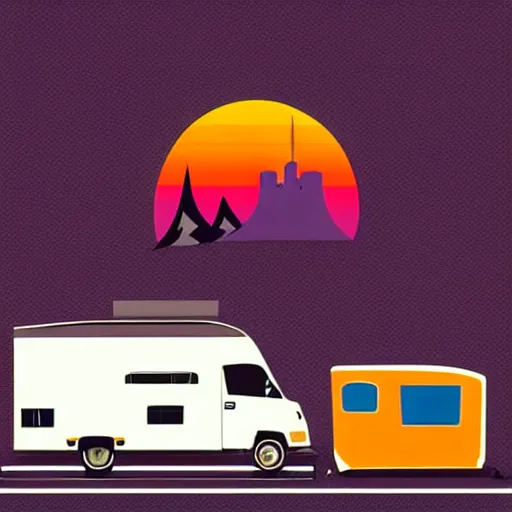 Image similar to minimal vector art sticker of a white and black cute thor chateau! motorhome camper!!, highway, mountains and colorful sunset!!, dramatic, warm bright colors, thick lines, very minimal vector art, sticker!! by tom whalen