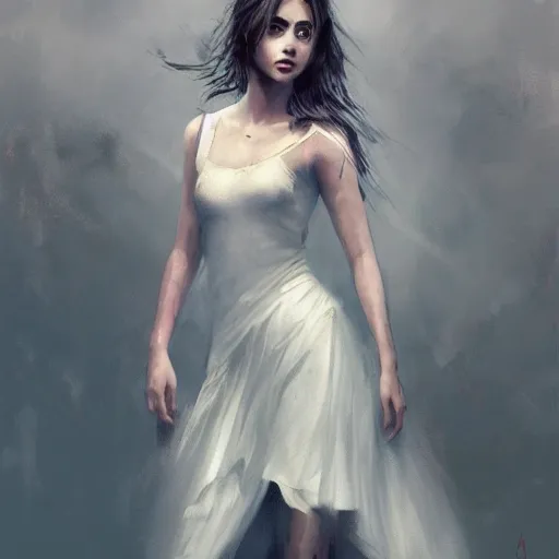 Image similar to portrait of beautiful happy young ana de armas, full body shot, ethereal, half life 2, dishonored 2, painted by greg rutkowski,