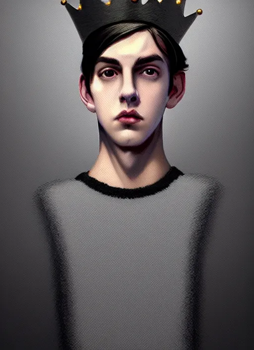 Image similar to portrait of teenage jughead jones wearing a light grey crown, photorealistic, crown made of fabric, crown, crown made of felt, black hair, intricate, elegant, highly detailed, digital painting, glowing lights, artstation, concept art, smooth, sharp focus, illustration, art by wlop, mars ravelo and greg rutkowski