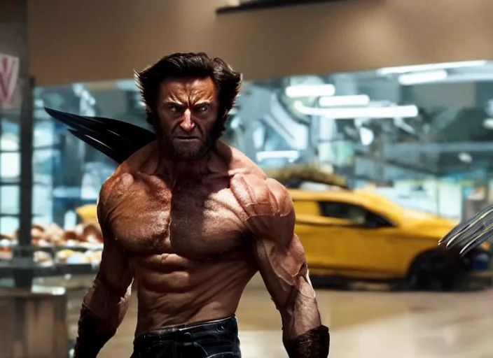 Image similar to film still of Wolverine going grocery shopping in the new X-Men movie, 4k