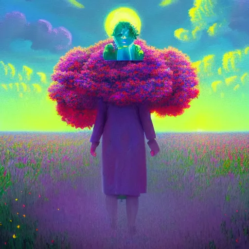 Image similar to girl with giant flower as a face, flower field, big trees, sunrise dramatic light, impressionist painting, colorful clouds, digital painting, pointillism, artstation, simon stalenhag