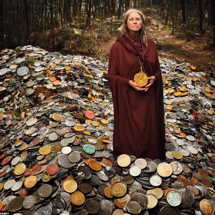 Image similar to closeup portrait of a woman wearing a cloak made of coins, standing in a heap of garbage, forest, by Annie Leibovitz and Steve McCurry, natural light, detailed face, CANON Eos C300, ƒ1.8, 35mm, 8K, medium-format print