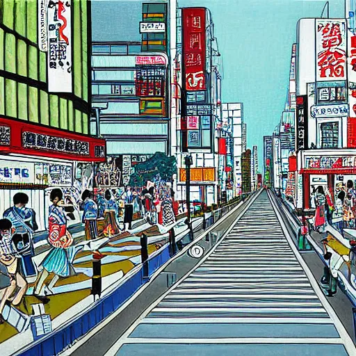 Image similar to a beautiful painting of a city street in tokyo by hirohiko araki, detailed line art