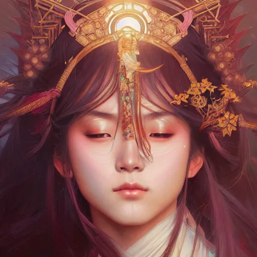 Image similar to Portrait of a japanese girl playing a cross flute, face, fantasy, intricate, elegant, highly detailed, digital painting, artstation, concept art, smooth, sharp focus, illustration, art by Fernanda Suarez and Artem Demura and alphonse mucha