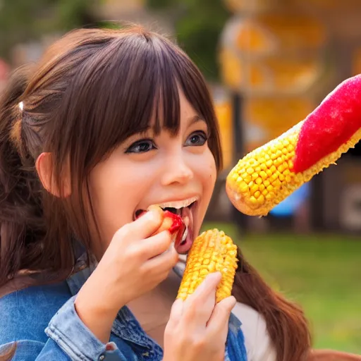 Prompt: anime girl eating corn dog