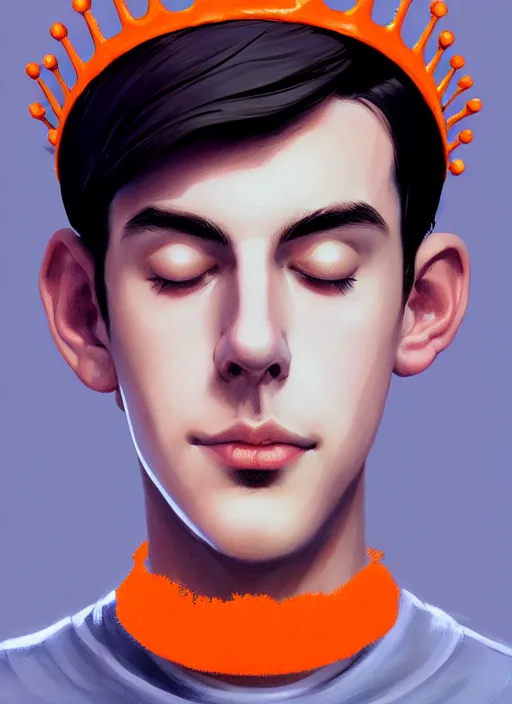 Image similar to portrait of teenage jughead jones wearing a light grey crown, crown, hamburger background, eyes closed, crown, black hair, orange, intricate, elegant, glowing lights, warm lighting, highly detailed, digital painting, artstation, concept art, smooth, sharp focus, illustration, art by wlop, mars ravelo and greg rutkowski