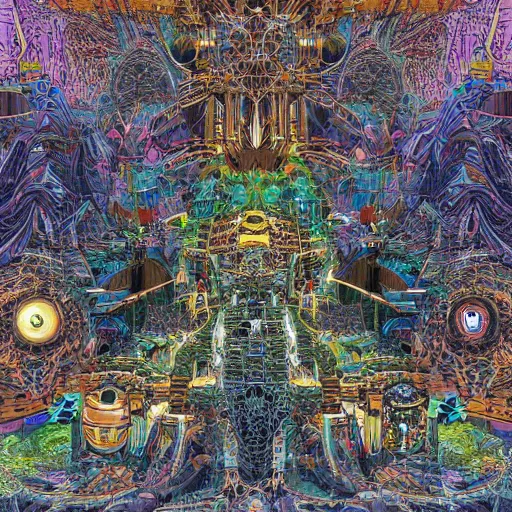 Prompt: techno earth plaza with a divine jungle of deities and peoples living together in harmony created by android jones, vector illustration