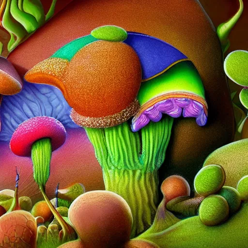 Prompt: the spore-bearing fruiting body of a fungus, typically in the form of a rounded multicolor cap on a relief stalk, especially one that is believed to be inedible or poisonous, fantasy art, trending on artstation, national geographic photos