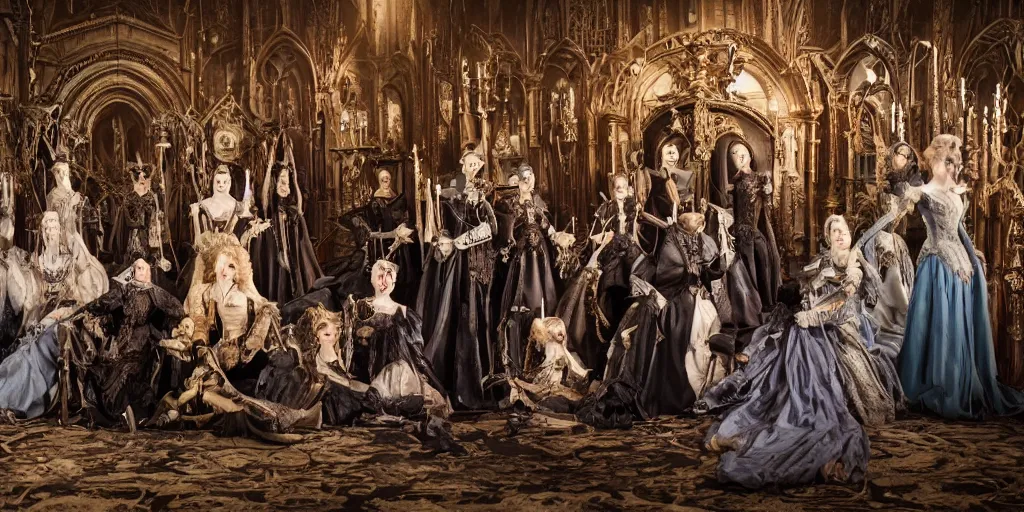 Image similar to photo taken of an epic intricate, ultra detailed, super realistic stop motion puppets of some majestic gracious regal aristocratic vampires in a gothic victorian filmset studio created by weta workshop and directed by tim burton, menacing, wide angle, full body shots, photorealistic, sharp focus, gloomy, extremely cold blueish colour temperature, 3 5 mm, f 1. 4