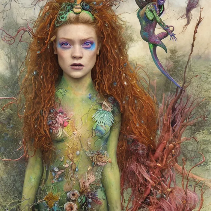 Prompt: a fashion editorial of sadie sink as a brightly colored mermaid alien hybrid with wet mutated skin. wearing an growing organic catsuit. by tom bagshaw, donato giancola, hans holbein, walton ford, gaston bussiere, brian froud, peter mohrbacher and magali villeneuve. 8 k, cgsociety