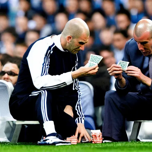 Prompt: zinedine zidane sitting on the pitch at the santiago bernabeu playing cards with a real life son goku