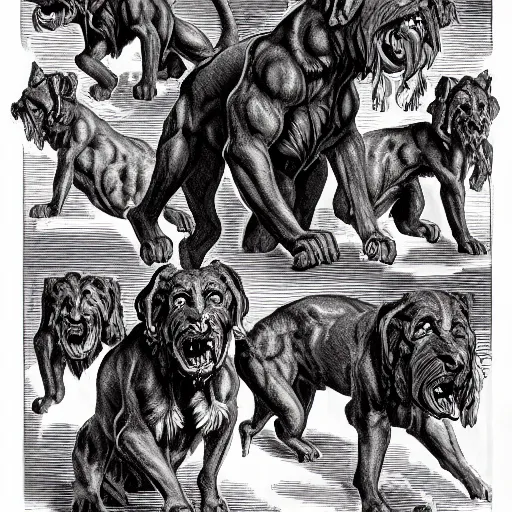 Prompt: Drooling Cerberus standing at the gates of hell. High quality.