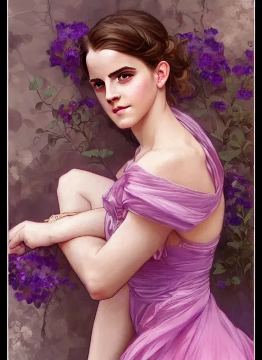 Image similar to emma watson wearing revealing elegant pink and purple dress with flounces. beautiful detailed face. by artgerm and greg rutkowski and alphonse mucha