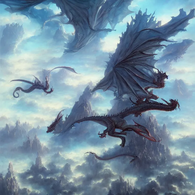 Prompt: dragon, huge city, floating city on clouds, by wayne barlowe, peter mohrbacher, kelly mckernan, epic scene, 4 k, fantasy, colorful, environment, detailed