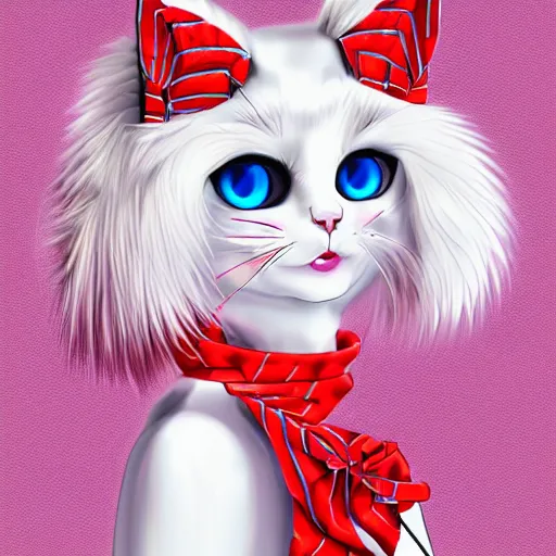 Image similar to graphic, hyperreal, portraiture illustration of a anthropomorphic beautiful ragdoll cat in different japanese cartoon cosplay clothes, smiling, digital painting