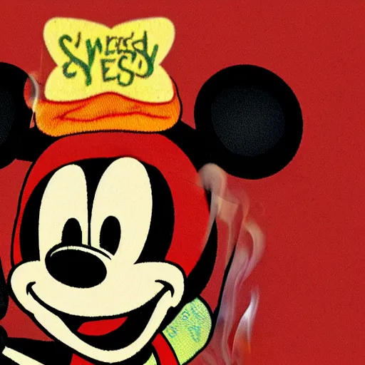 Image similar to close up photograph of very high on weed mickey mouse, stoner eyes, mickey mouse smoked weed, weed background, smoking a blunt, 8 k resolution