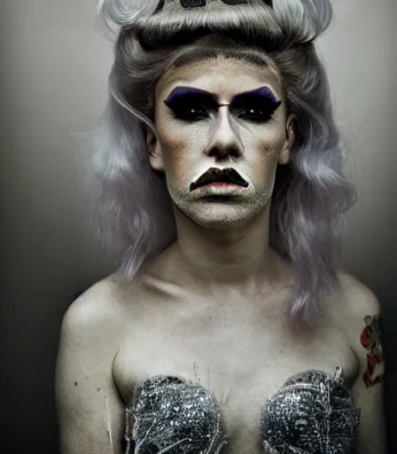 Prompt: a high quality, high detail, portrait of a drag queen by kyle thompson, intense look in the eyes, moody, nostalgic