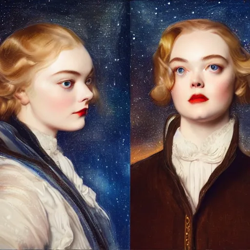 Image similar to leyendecker and peter paul rubens, head and shoulders portrait of a elle fanning, nighttime, starry sky reflection on water, unreal engine, fantasy art by global illumination, radiant light, detailed and intricate environment