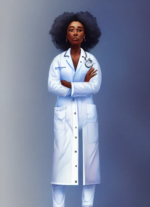 Prompt: full body portrait of young black woman with as a doctor, blue scrubs and white coat, intricate, beautiful and elegant, highly detailed, digital painting, artstation, concept art, smooth, sharp focus, illustration, art by wlop, mars ravelo and greg rutkowski