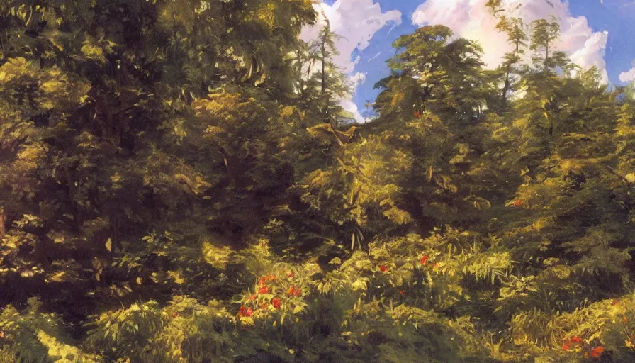 Image similar to disney illustrated background by, ghibli, eugene von guerard, ivan shishkin, john singer sargent