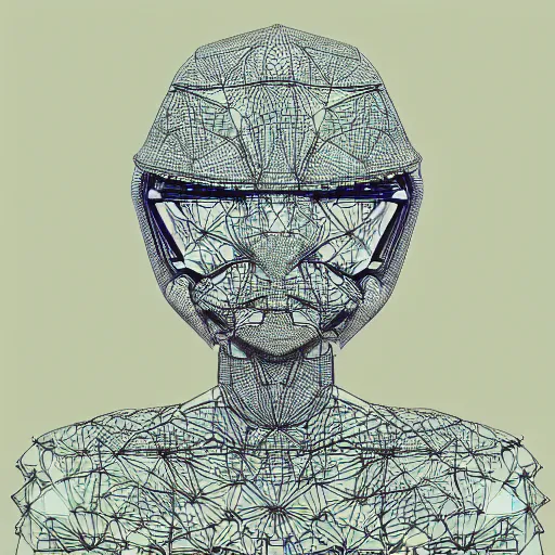 Image similar to Geometrically surreal Artificial Intelligence Robot extremely high detail, photorealistic, intricate line drawings, dotart, album art in the style of James Jean