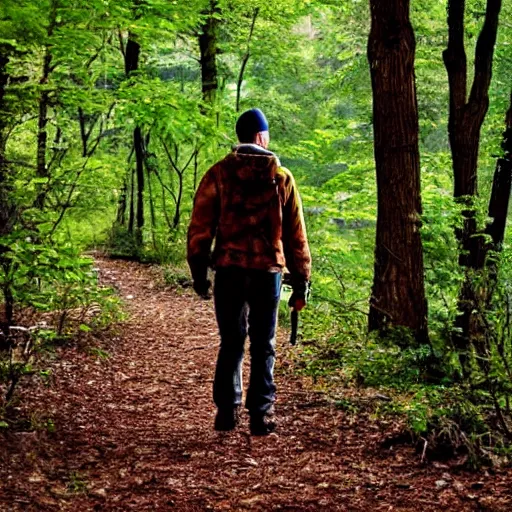 Prompt: modern day hunter, walking through the woods.