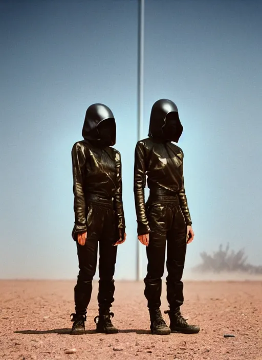 Image similar to cinestill 5 0 d photographic portrait of two loving clones, techwear women on a desolate plain, a brutalist dark metal facility in the background, dust storm, depth of field, 4 k, 8 k, hd, full color