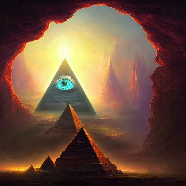 Image similar to the illuminati eye pyramid, a fantasy magical landscape seen in the distance, atmospheric lighting, intricate, volumetric lighting, beautiful, sharp focus, ultra detailed, in the art style of marc simonetti, bowater charlie and brom gerald, astrophotography