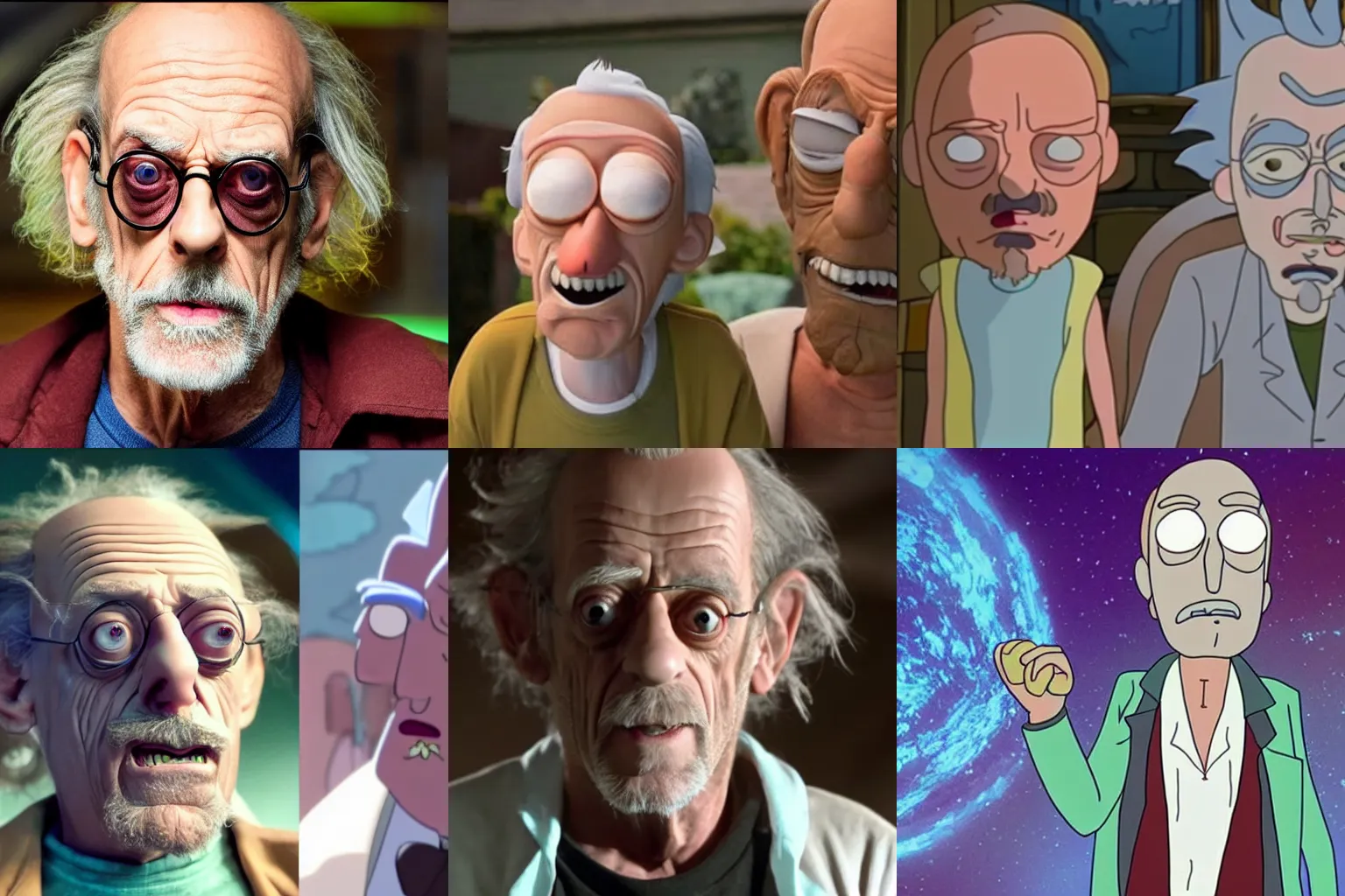 Prompt: Christopher Lloyd portraing Rick in a Rick and Morty Movie