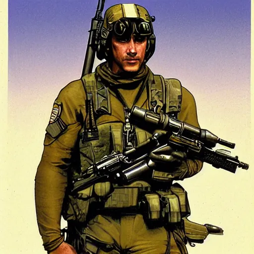 Prompt: Hector. Handsome USN special forces recon operator in near future gear, cybernetic enhancment, on patrol in the Australian neutral zone, 22 years after the Helvetica Event. 2087. Concept art by James Gurney and Alphonso Mucha