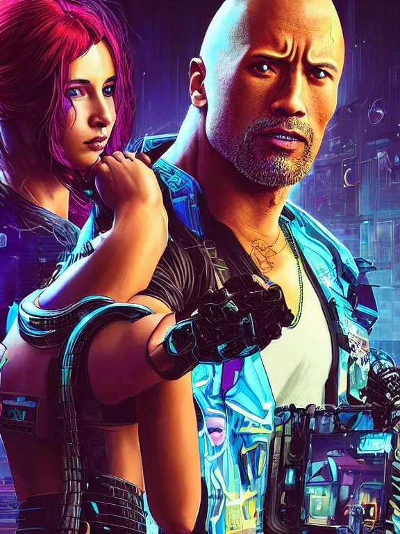 Prompt: a cyberpunk 2077 portrait of Dwayne Johnson holding a female android with couple pose,complex mess of cables and wires behind them connected to giant computer, love moive,film lighting, by laurie greasley,Lawrence Alma-Tadema,William Morris,Dan Mumford, trending on atrstation, full of color,face enhance,sharp focus, highly detailed,8K, octane,golden ratio,cinematic lighting