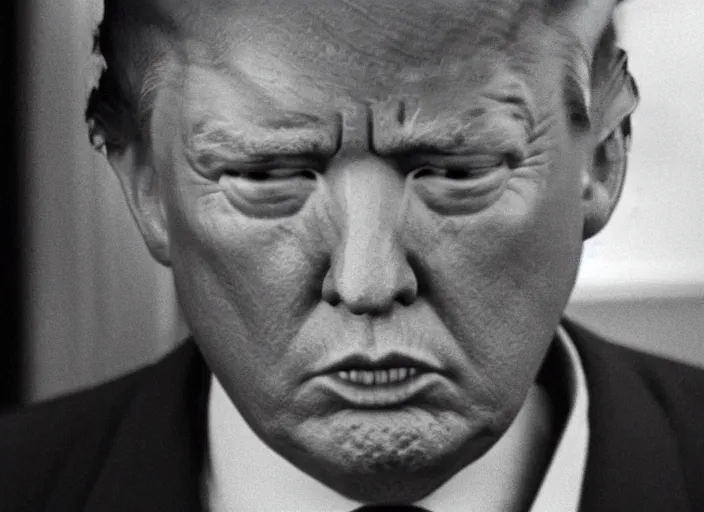 Prompt: screenshot wide shot from moody scene of Donald Trump pensive, in High and Low, 1963 film directed by Akira Kurosawa, kodak film stock, black and white, anamorphic lens, 4K, detailed, stunning cinematography and composition shot by Takao Saito, 70mm