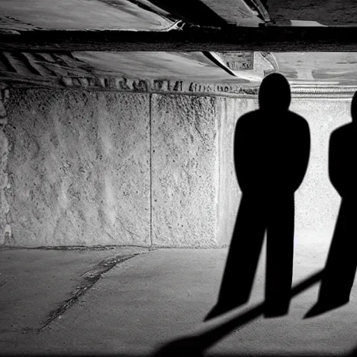 Prompt: two shadowy figures in a dingy underground concrete bunker, mood