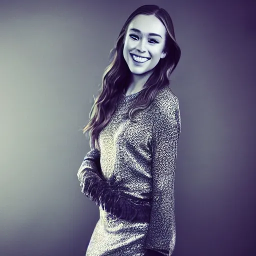 Prompt: a full body portrait of alycia debnam carey smiling while posing for photo, award winning photograph, HDR, natural lighting, shot on nikon z9, depth of field, f/1.8,